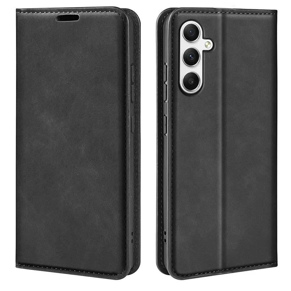 For Samsung Galaxy A35 5G Skin Touch Feeling Case PU Leather Magnetic Auto-absorbed Phone Cover - Black - 1