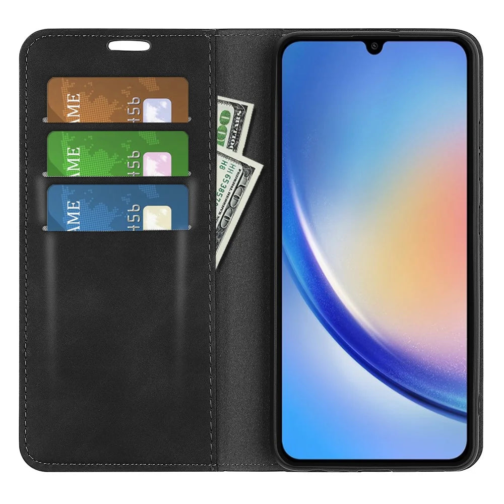 For Samsung Galaxy A35 5G Skin Touch Feeling Case PU Leather Magnetic Auto-absorbed Phone Cover - Black - 2