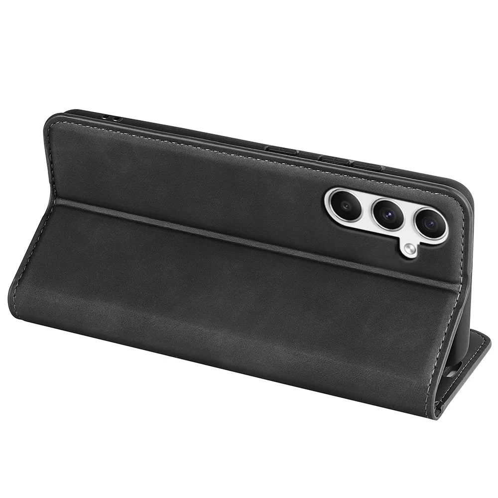 For Samsung Galaxy A35 5G Skin Touch Feeling Case PU Leather Magnetic Auto-absorbed Phone Cover - Black - 4