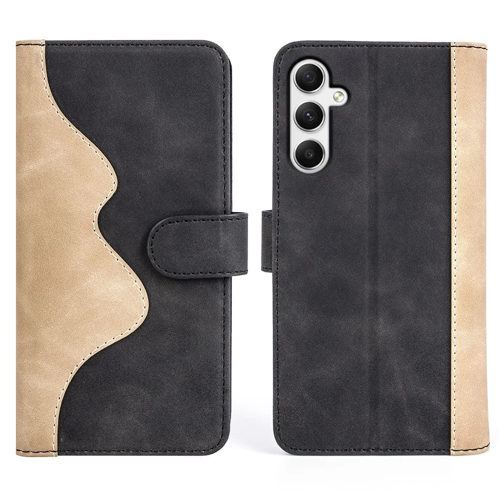 For Samsung Galaxy A35 5G PU Leather Case Color Splicing Shockproof Card Slots Phone Cover - Black - 1