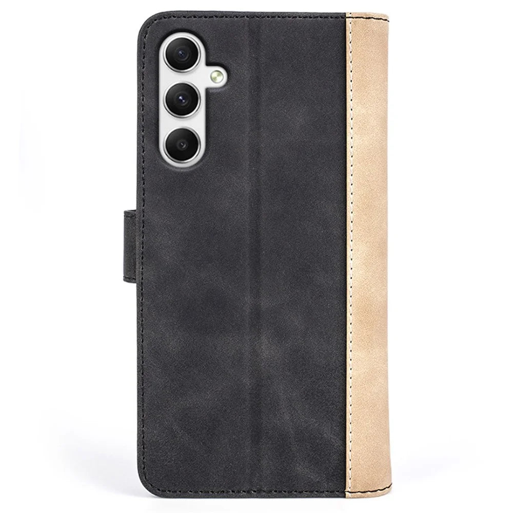 For Samsung Galaxy A35 5G PU Leather Case Color Splicing Shockproof Card Slots Phone Cover - Black - 7