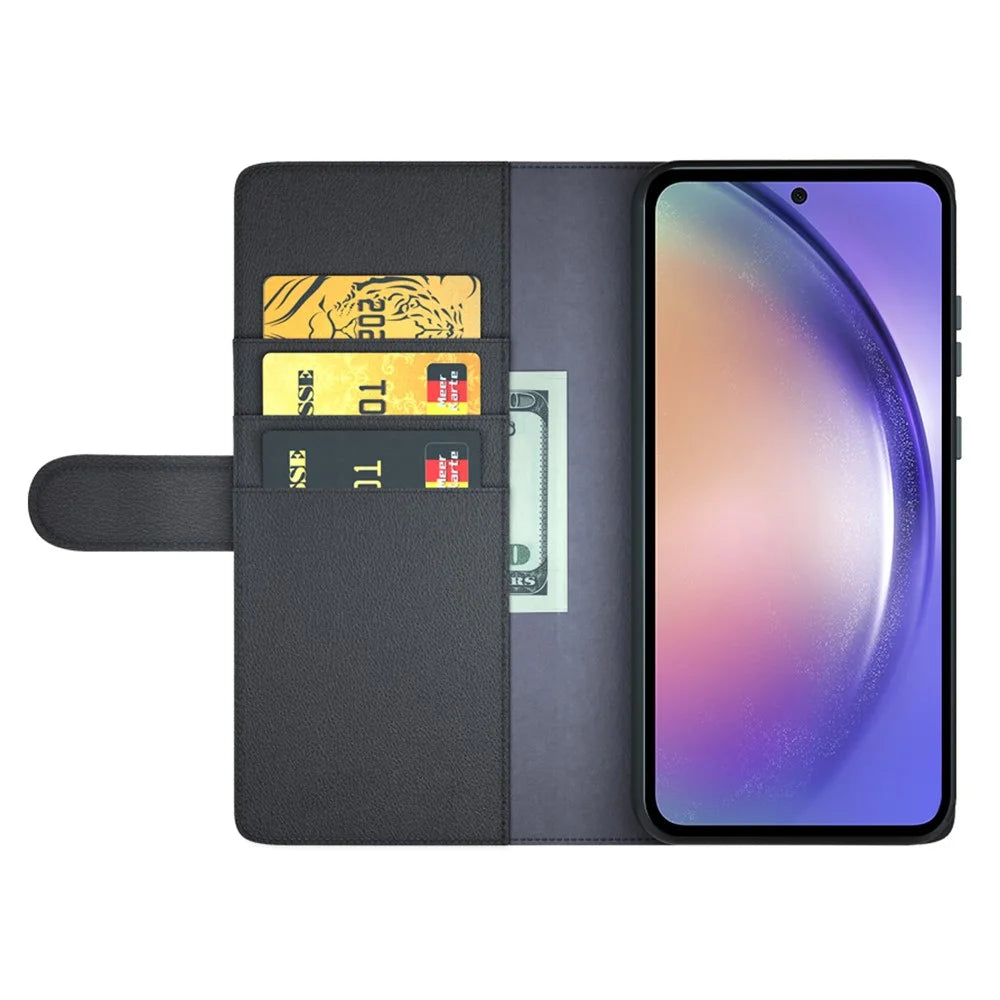 For Samsung Galaxy A55 5G Case Genuine Cow Leather + Split Leather Phone Cover with Wallet Stand - Black - 2