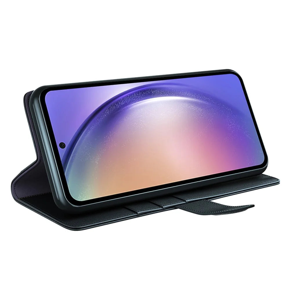 For Samsung Galaxy A55 5G Case Genuine Cow Leather + Split Leather Phone Cover with Wallet Stand - Black - 3