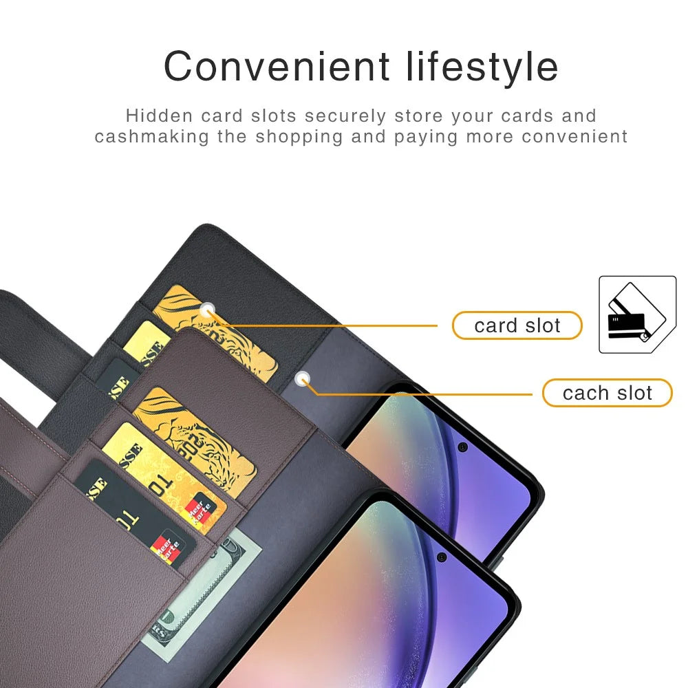 For Samsung Galaxy A55 5G Case Genuine Cow Leather + Split Leather Phone Cover with Wallet Stand - Black - 6