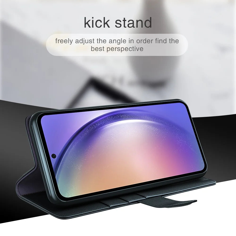 For Samsung Galaxy A55 5G Case Genuine Cow Leather + Split Leather Phone Cover with Wallet Stand - Black - 7