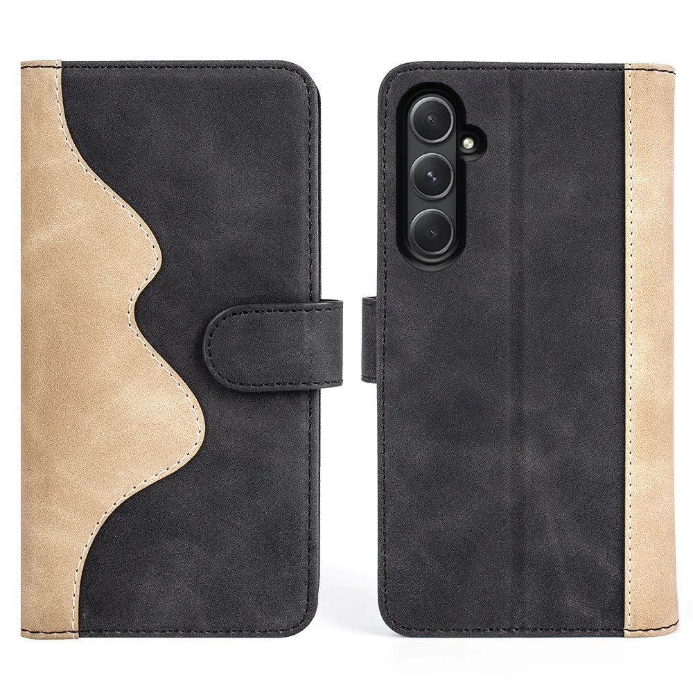 For Samsung Galaxy A55 5G Case PU Leather+TPU Color Splicing Phone Wallet Cover - Black - 1