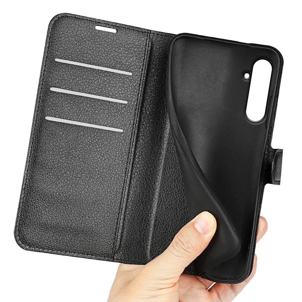 For Samsung Galaxy A55 5G Leather Litchi Texture Case Flip Wallet Phone Cover - Black - 5