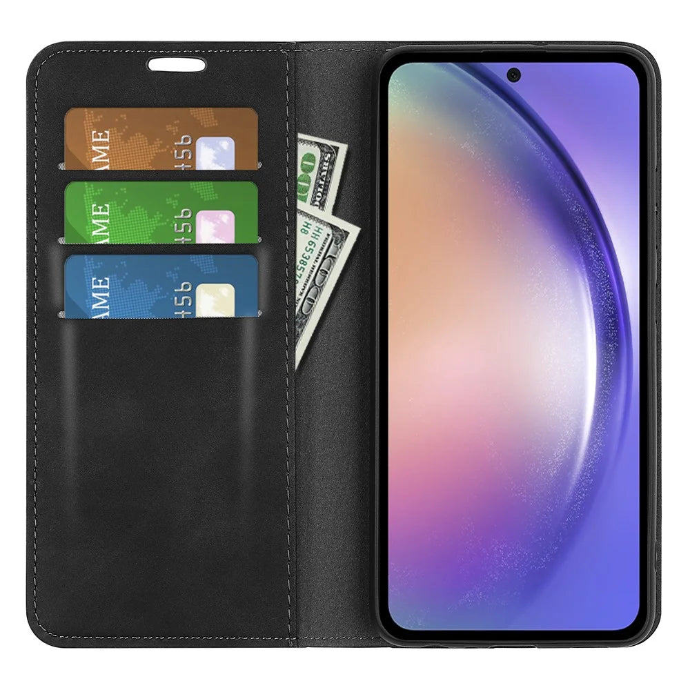 For Samsung Galaxy A55 5G Phone Case Leather Folio Flip Cover Magnetic Absorption - Black - 2