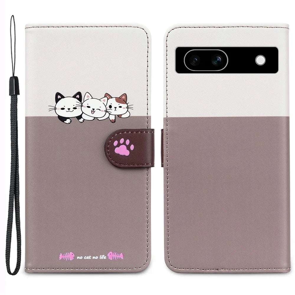 Cartoon Pet Series for Google Pixel 7a Shockproof Case Wallet Phone Cover - Bean Pink - 1