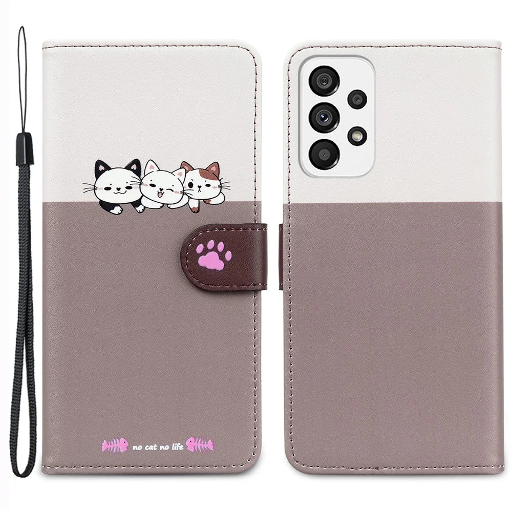Cartoon Pet Series for Samsung Galaxy A73 5G Wallet Phone Case Leather Flip Cover - Bean Pink - 1
