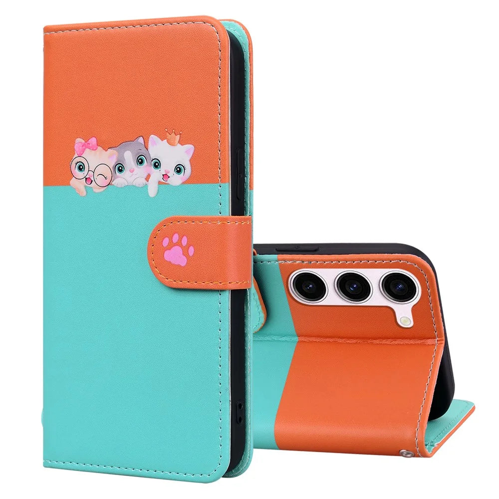 Cartoon Pet Series for Samsung Galaxy S22+ 5G Wallet Phone Case Leather Flip Cover - Sky Blue - 5