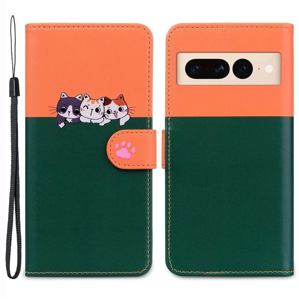Cartoon Pet Series for Google Pixel 7 Pro 5G Protective Case Wallet Phone Cover - Blackish Green - 1