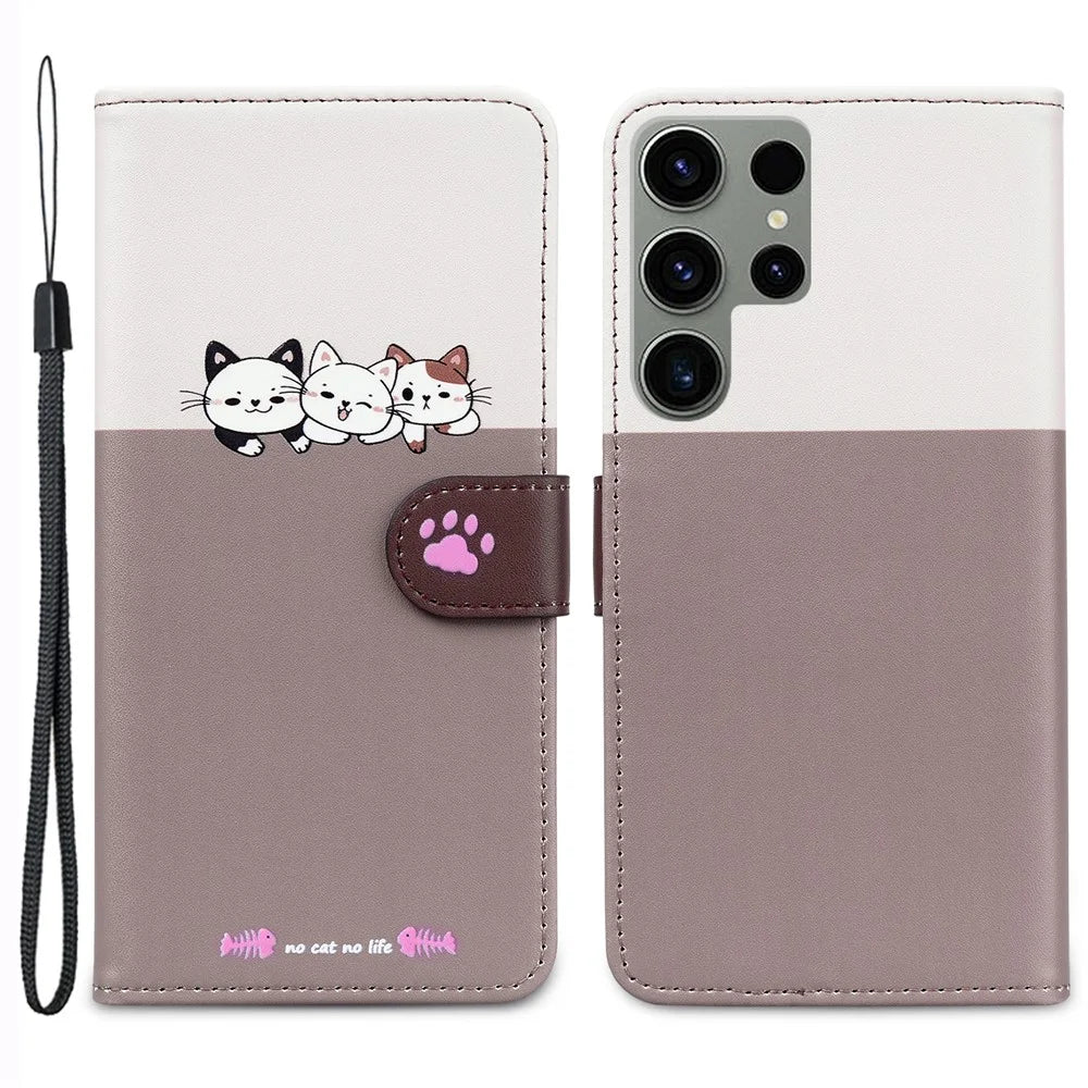 Cartoon Pet Series for Samsung Galaxy S22 Ultra 5G Case Wallet Phone Leather Flip Cover - Bean Pink - 1