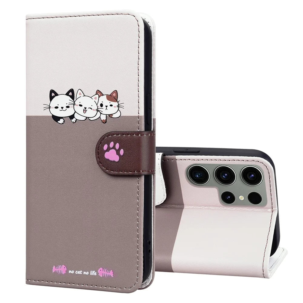 Cartoon Pet Series for Samsung Galaxy S22 Ultra 5G Case Wallet Phone Leather Flip Cover - Bean Pink - 5