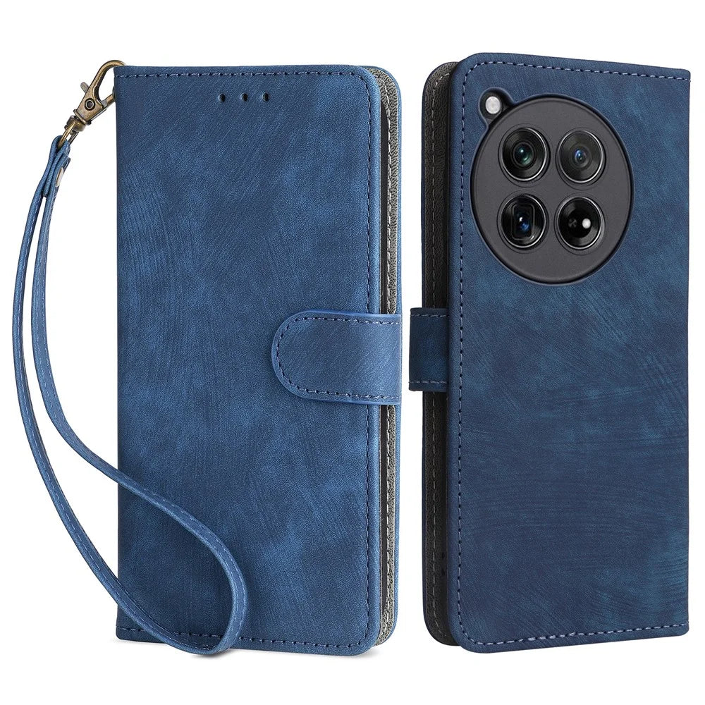 For OnePlus 12 5G Leather Phone Case with Strap RFID Blocking Card Slots - Blue - 1