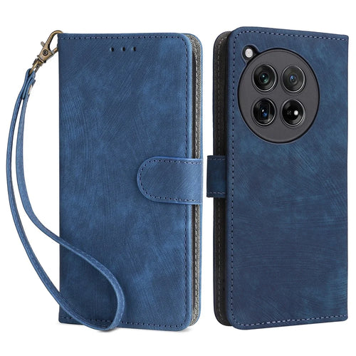 For OnePlus 12 5G Leather Phone Case with Strap RFID Blocking Card Slots - Blue - 1