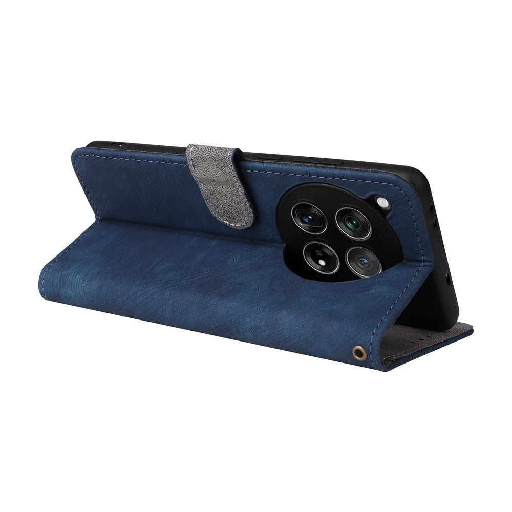 For OnePlus 12 5G Leather Phone Case with Strap RFID Blocking Card Slots - Blue - 4