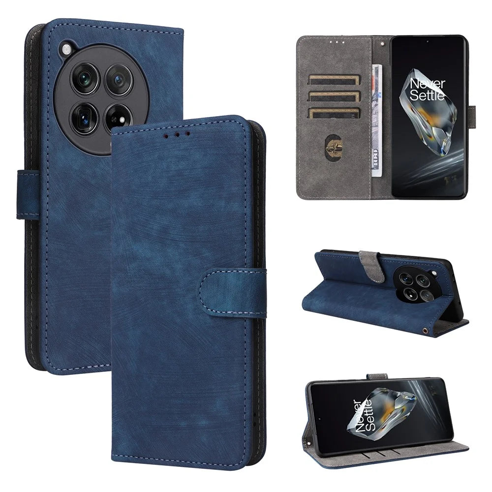 For OnePlus 12 5G Leather Phone Case with Strap RFID Blocking Card Slots - Blue - 5
