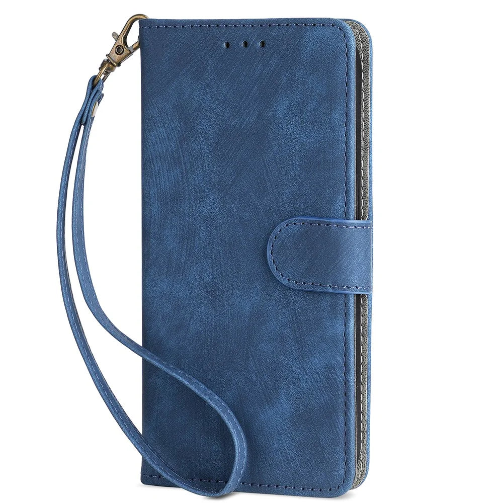 For OnePlus 12 5G Leather Phone Case with Strap RFID Blocking Card Slots - Blue - 6