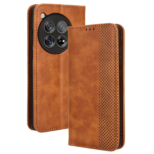 For OnePlus 12 5G Retro Texture Phone Shell Wallet PU Leather Case Stand Cover - Brown - 1