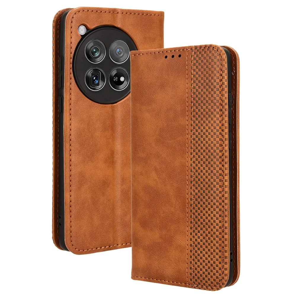 For OnePlus 12 5G Retro Texture Phone Shell Wallet PU Leather Case Stand Cover - Brown - 1