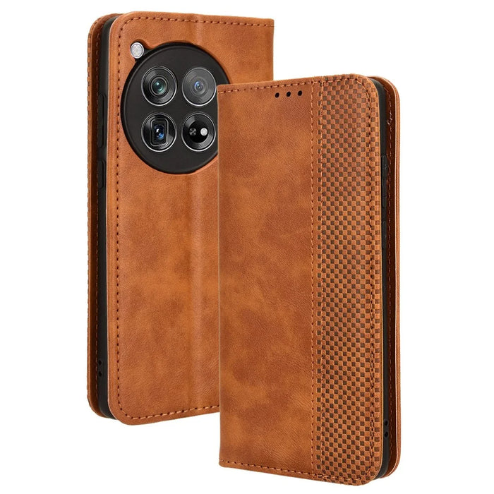 For OnePlus 12 5G Retro Texture Phone Shell Wallet PU Leather Case Stand Cover - Brown - 1