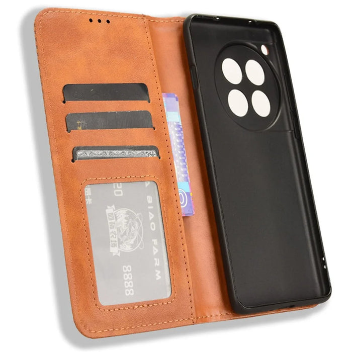 For OnePlus 12 5G Retro Texture Phone Shell Wallet PU Leather Case Stand Cover - Brown - 5
