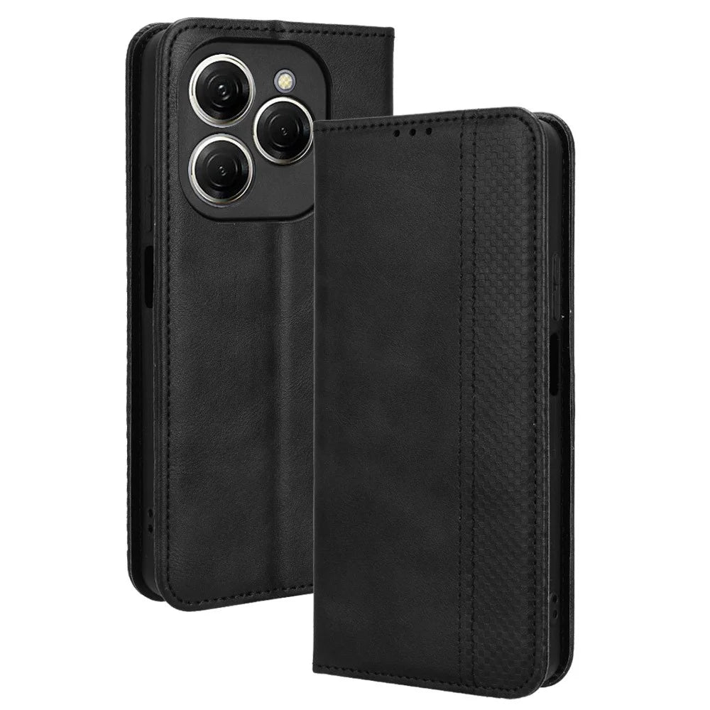 For TECNO Spark 20 Pro KJ6 Retro Leather Case Wallet Phone Cover Magnetic Closing - Black - 1