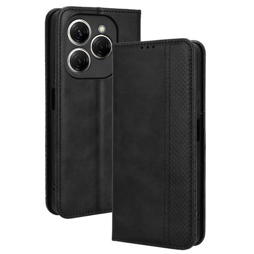 For TECNO Spark 20 Pro KJ6 Retro Leather Case Wallet Phone Cover Magnetic Closing - Black - 1