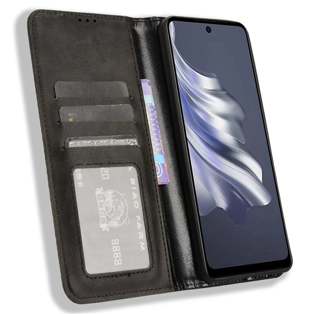 For TECNO Spark 20 Pro KJ6 Retro Leather Case Wallet Phone Cover Magnetic Closing - Black - 2