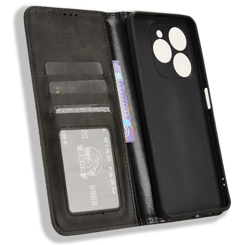 For TECNO Spark 20 Pro KJ6 Retro Leather Case Wallet Phone Cover Magnetic Closing - Black - 5