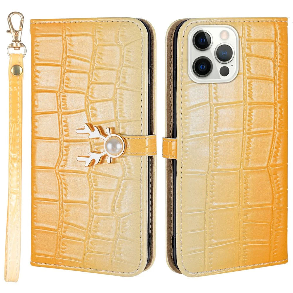 For iPhone 13 Pro Case Gradient Crocodile Texture Deer Decor Phone Cover - Yellow - 1