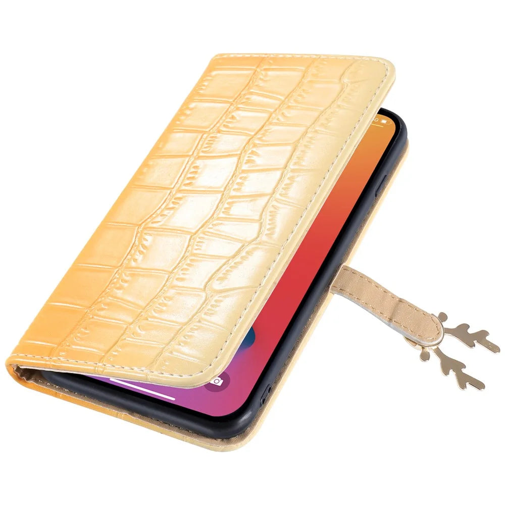 For iPhone 13 Pro Case Gradient Crocodile Texture Deer Decor Phone Cover - Yellow - 7