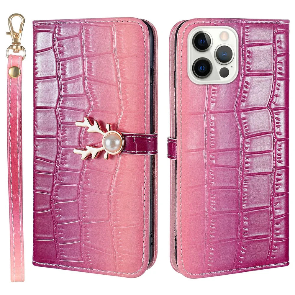 For iPhone 14 Pro Shockproof Case Gradient Crocodile Texture Phone Cover with Deer Decor Closure - Pink - 1