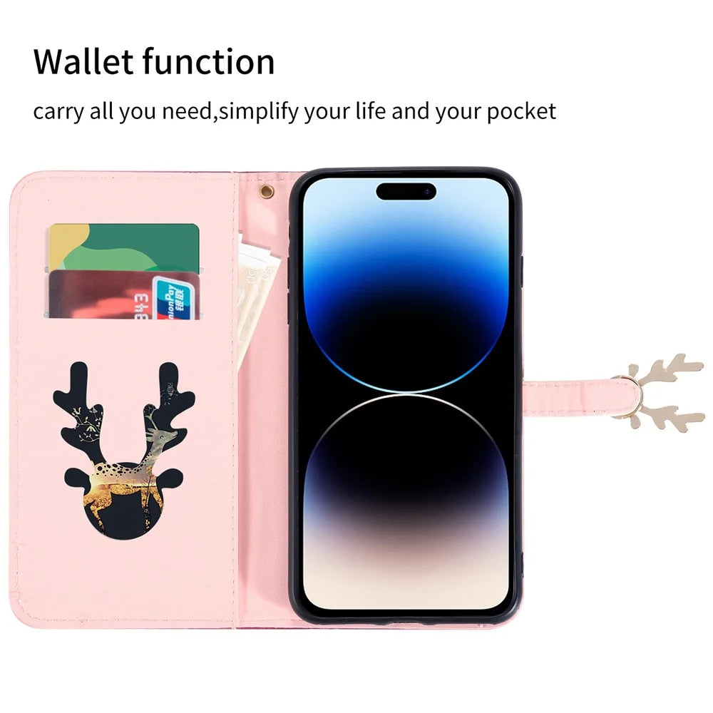 For iPhone 14 Pro Shockproof Case Gradient Crocodile Texture Phone Cover with Deer Decor Closure - Pink - 2
