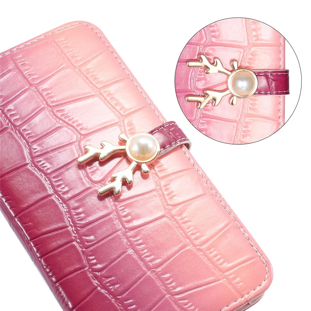 For iPhone 14 Pro Shockproof Case Gradient Crocodile Texture Phone Cover with Deer Decor Closure - Pink - 4