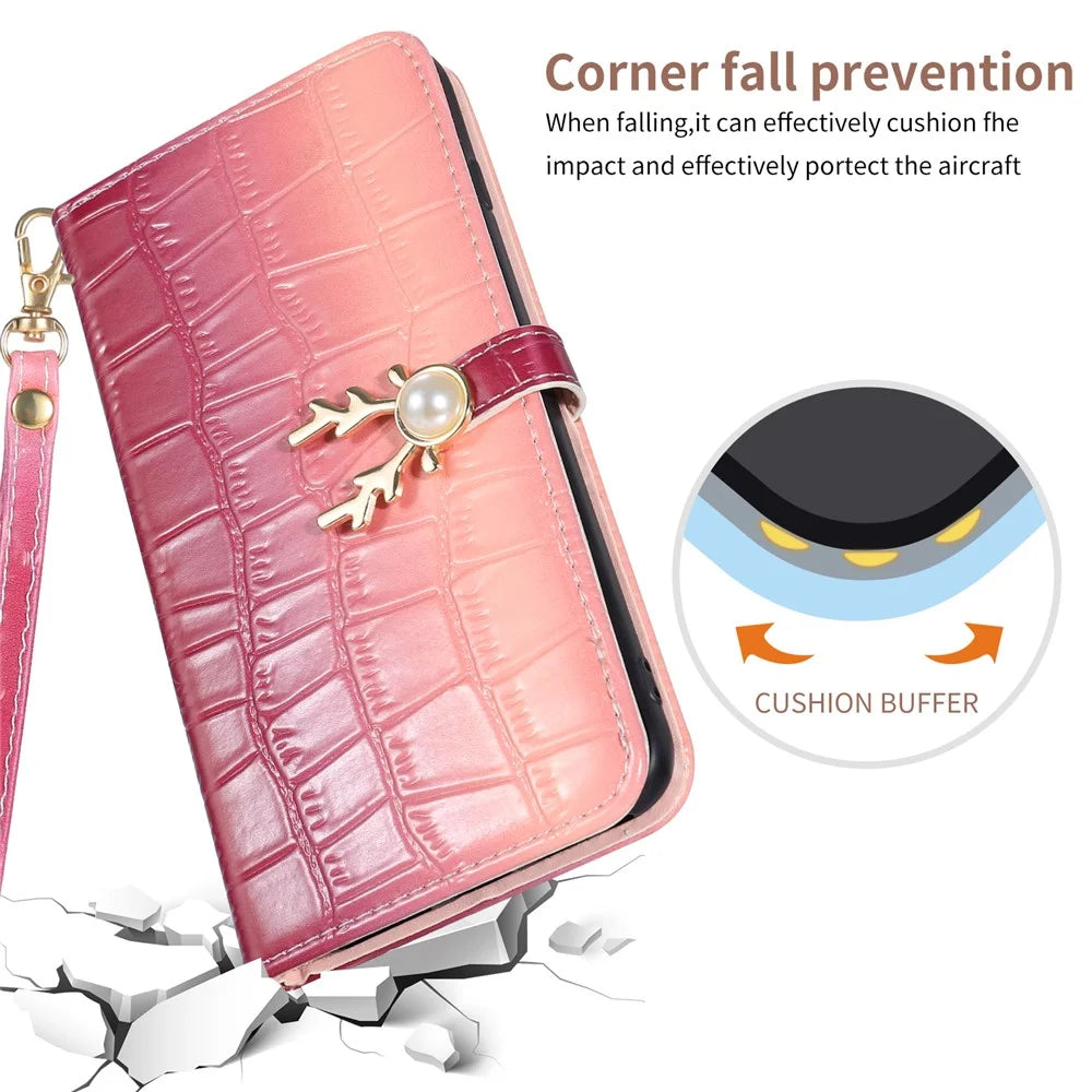 For iPhone 14 Pro Shockproof Case Gradient Crocodile Texture Phone Cover with Deer Decor Closure - Pink - 6