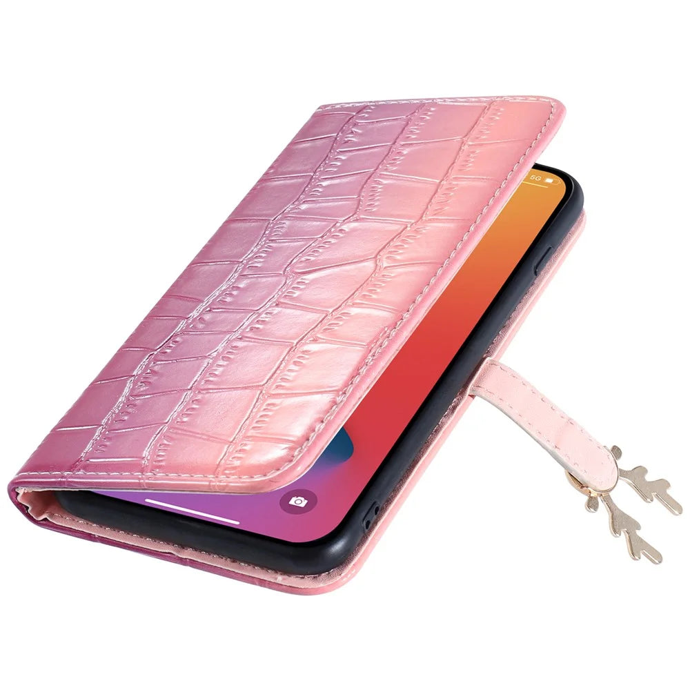 For iPhone 14 Pro Shockproof Case Gradient Crocodile Texture Phone Cover with Deer Decor Closure - Pink - 7