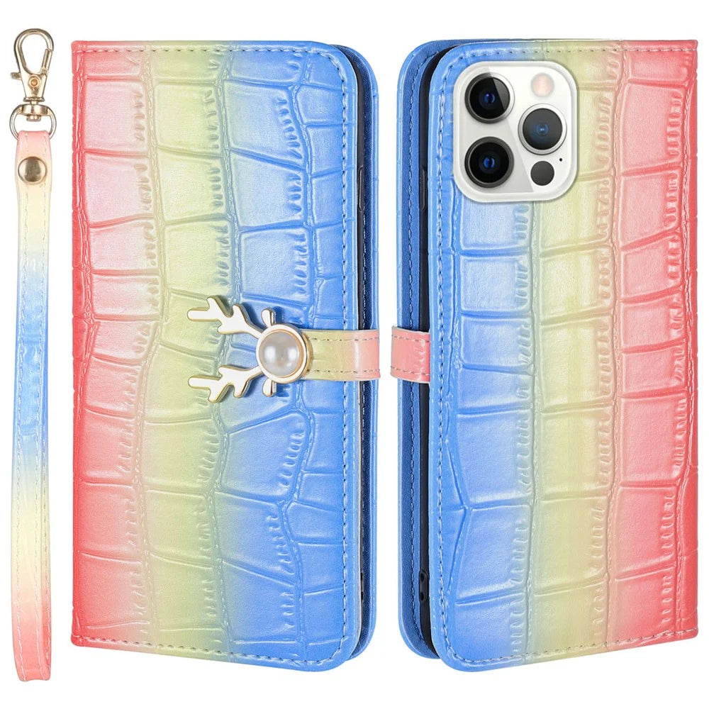 For iPhone 13 Pro Max Leather Case Gradient Crocodile Texture Phone Case - Blue - 1