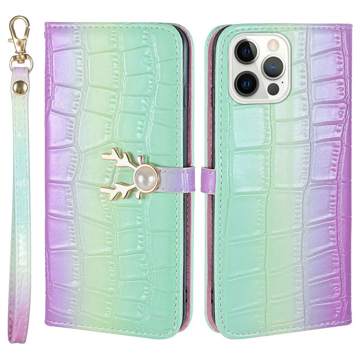 For iPhone 14 Pro Max Deer Decor Case Gradient Crocodile Texture Shockproof Phone Cover - Green - 1