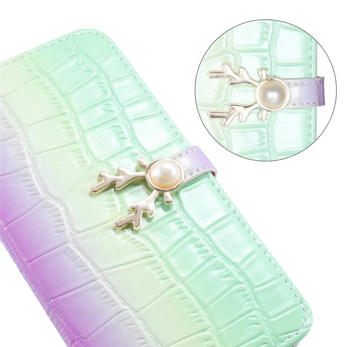 For iPhone 14 Pro Max Deer Decor Case Gradient Crocodile Texture Shockproof Phone Cover - Green - 4