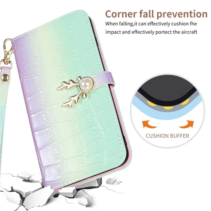 For iPhone 14 Pro Max Deer Decor Case Gradient Crocodile Texture Shockproof Phone Cover - Green - 6
