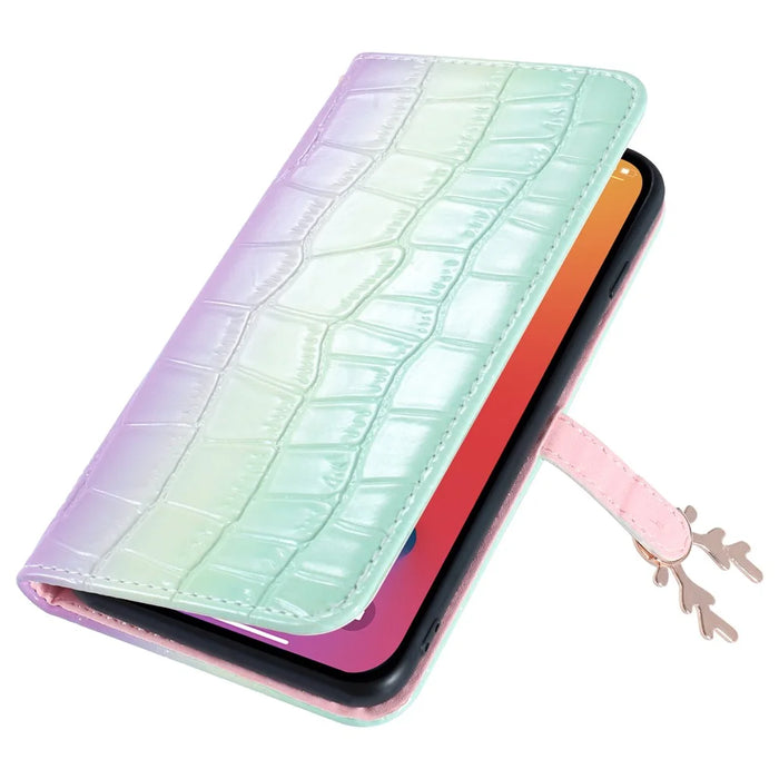 For iPhone 14 Pro Max Deer Decor Case Gradient Crocodile Texture Shockproof Phone Cover - Green - 7