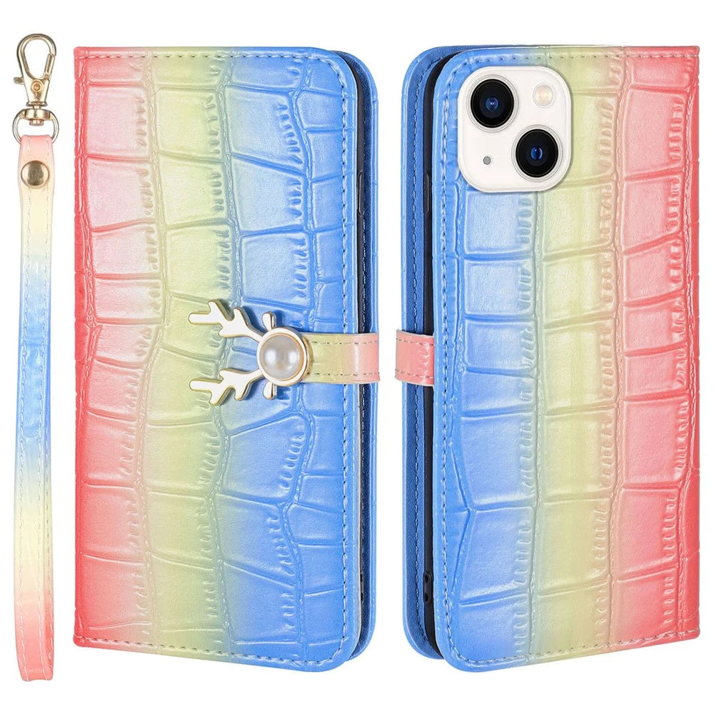 For iPhone 14 Protective Case Gradient Crocodile Texture Deer Decor Phone Shell with Stand - Blue - 1