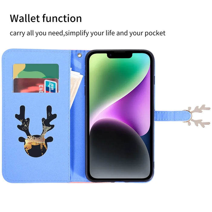 For iPhone 14 Protective Case Gradient Crocodile Texture Deer Decor Phone Shell with Stand - Blue - 2