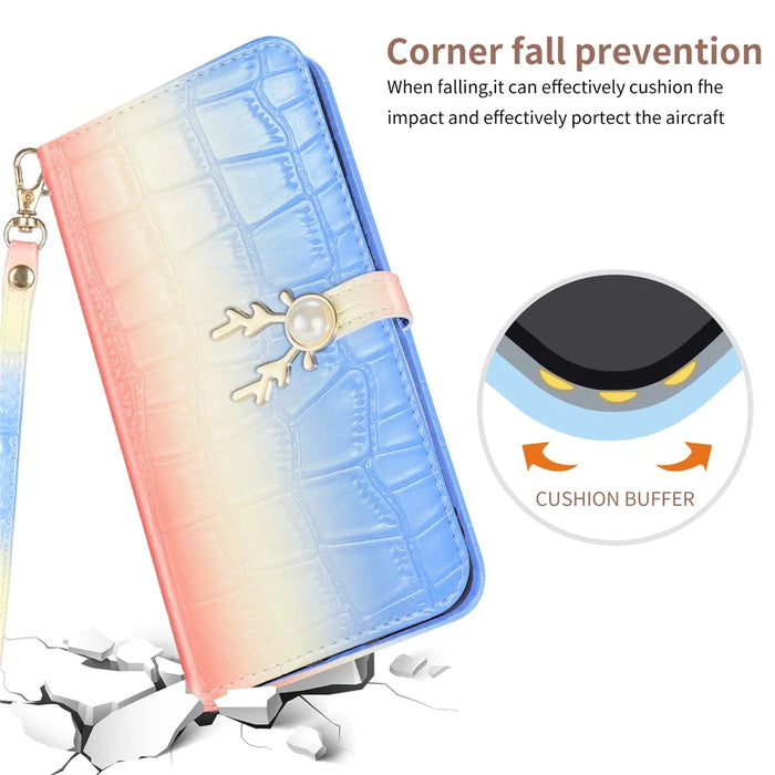 For iPhone 14 Protective Case Gradient Crocodile Texture Deer Decor Phone Shell with Stand - Blue - 6
