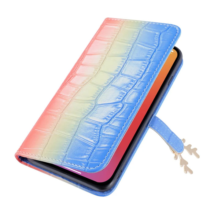 For iPhone 14 Protective Case Gradient Crocodile Texture Deer Decor Phone Shell with Stand - Blue - 7