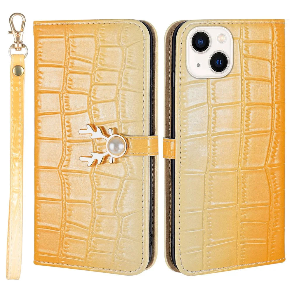 For iPhone 14 Plus Wallet Case Gradient Crocodile Texture Protective Phone Cover - Yellow - 1