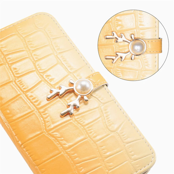 For iPhone 14 Plus Wallet Case Gradient Crocodile Texture Protective Phone Cover - Yellow - 4