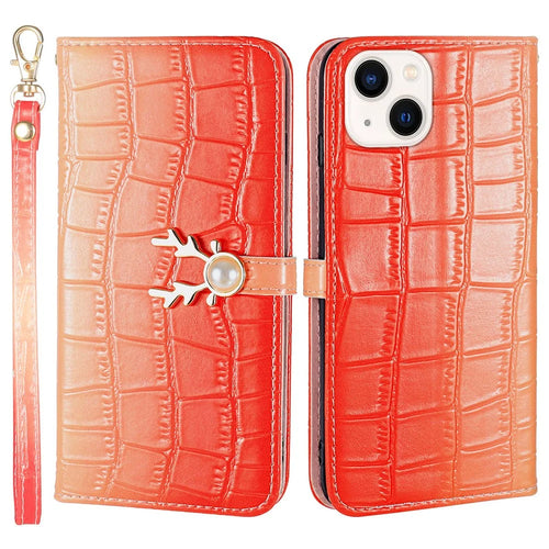 For iPhone 13 Crocodile Texture Case Gradient Color Leather Phone Cover with Strap - Red - 1